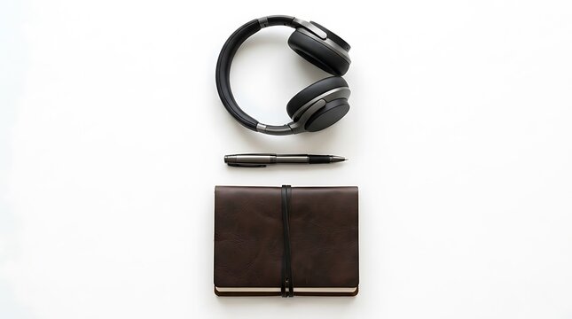Minimalist flat lay of headphones pen and leather journal on white