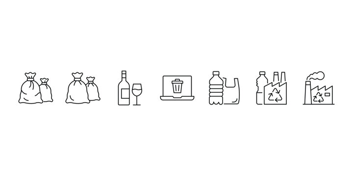 Garbage collection and sorting vector icon set featuring plastic glass factory and digital data trash.