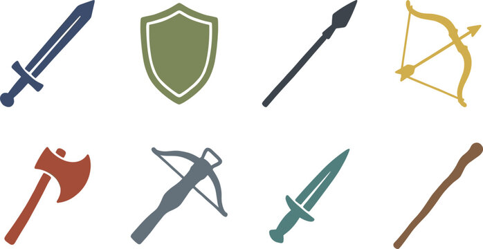 Medieval Weapon And Combat Gear Set Featuring Sword Shield Spear Bow And Arrow Battle Axe Crossbow Dagger And Magic Staff For Fantasy Gaming Concepts Vector Illustration