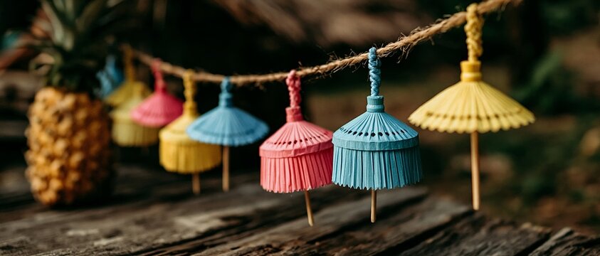 Festive paper umbrellas on a string featuring a pineapple design create a tropical backdrop for parties and summer events.