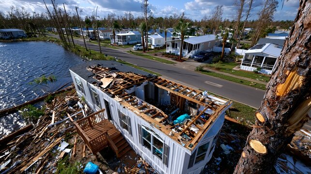 A house by the water, destroyed by a hurricane, serves as a backdrop for reports on natural disasters and aid for those affected.