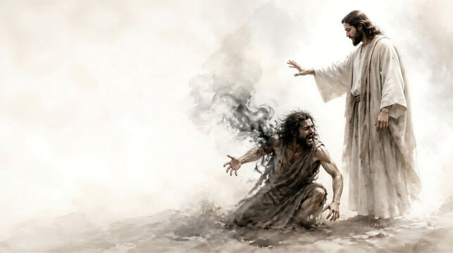Jesus cast out demons from a possessed man. Biblical scene concept. Artistic minimalist art with copy space.
