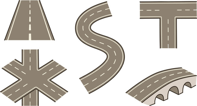 Roadway Layout Set Featuring Winding Street Asphalt Bridge T Junction And Star Shaped Multi Way Intersection For Urban Map Elements Vector Illustration