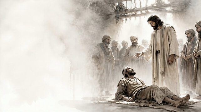 Jesus heals a paralyzed man at Capernaum. Biblical scene concept. Artistic minimalist art with copy space.