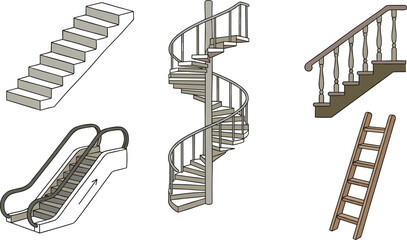 Stairs Collection Set Featuring Escalator Spiral Staircase Wooden Ladder And Classic Handrail For Architectural Interior Design Concepts Vector Illustration © Shobnom