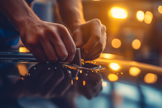 Skilled Hands Using Dent Puller on Damaged Car Hood, Ultra-Sharp Macro Detail, Cinematic Golden Workshop Light