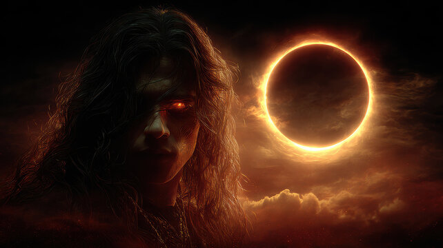 Eclipse, fantasy, mysterious, supernatural. A digital artwork depicts a woman with long, wavy hair and piercing red eyes, set against a fiery backdrop. The womans face is the central focus.