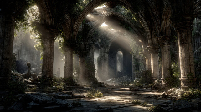 Fantasy wallpaper. Temple. A detailed, atmospheric portrayal of a ruined gothic cathedral. The main subject is a series of tall, arched stone pillars with intricate carvings and a weathered texture.