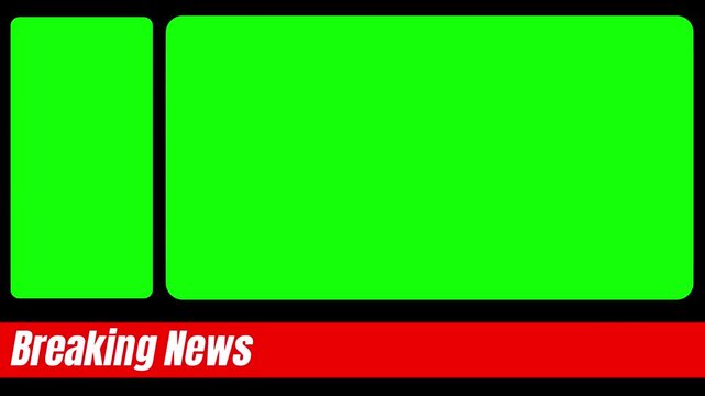 Graphic split screen news template with a red breaking update lower third banner for broadcast information and live video feeds