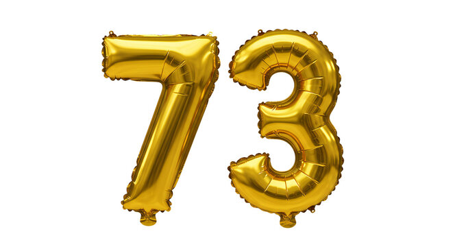 Golden balloons shaped like numbers seventy and three float in air