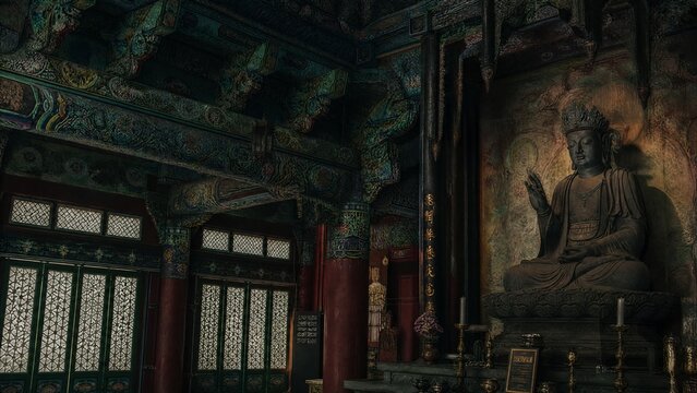 Serene temple interior with colorful wooden beams and a solemn statue.