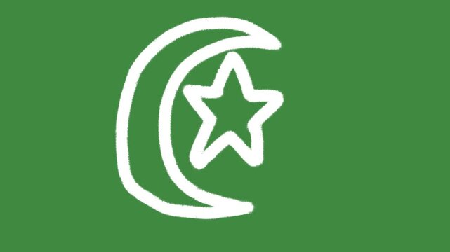 Islamic crescent moon and star hand-drawn cartoon graphic with chalk outline muslim holiday icon isolated on green screen background.