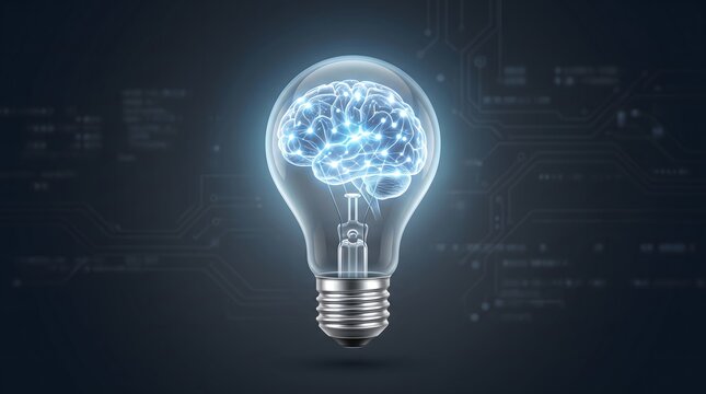 AI, Brain, Artificial intelligence idea genius concept, bright light bulb with brain neural structure, illustration banner with copy space Generative