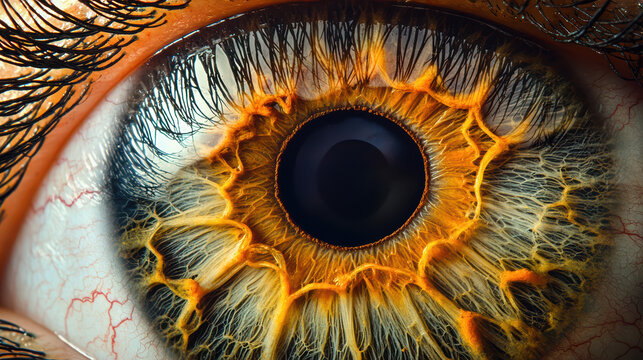 Intense macro shot reveals intricate details of a human eye, showcasing the complex patterns of the iris and vascular structure in golden light, creating a captivating image.