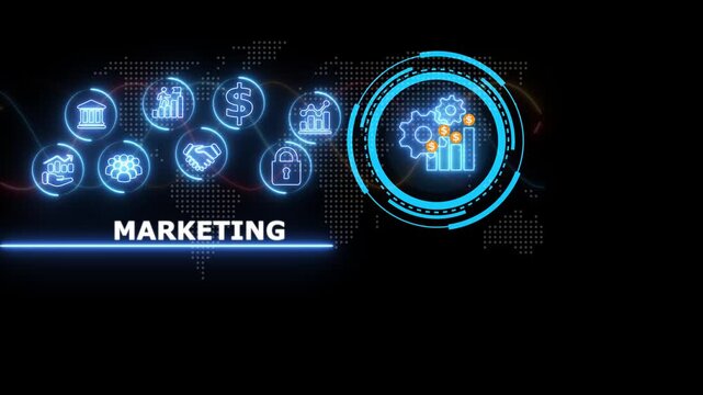 Marketing business concept with glowing blue neon and a central gear mechanism on a dark background with a subtle map pattern