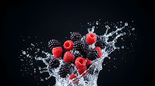 Fresh blackberries and raspberries in water splash