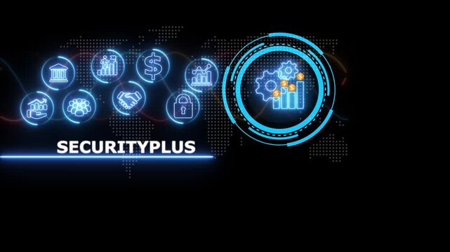 Securityplus business concept with glowing blue neon and a central gear mechanism on a dark background with a subtle map pattern