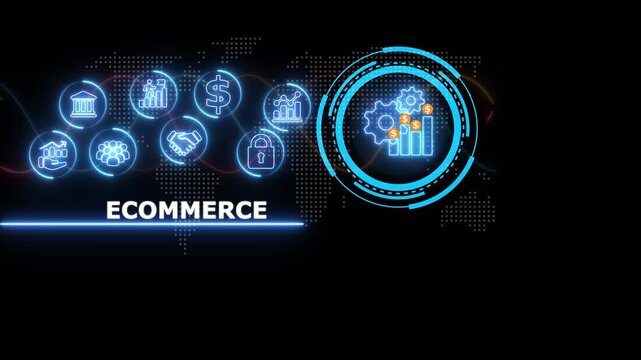 Ecommerce digital concept with glowing blue neon and circular gear interface on a dark background with a subtle map pattern overlay