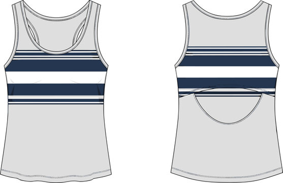 Tank top front and back flat sketch, stripe chest circular cutout curved hem sleeveless design, cad drawing flat vector illustration