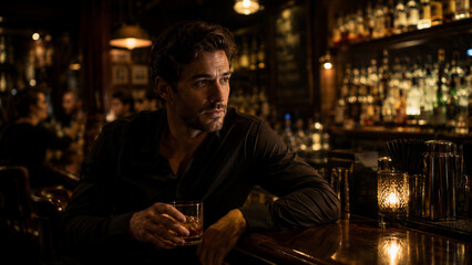 Fototapeta premium Man sipping whiskey at dimly lit bar counter in evening