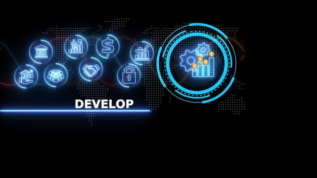 Digital business concept with glowing blue and the word develop displayed over a dark background with a subtle map pattern