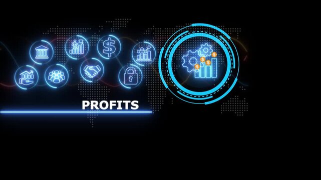 Digital profits concept featuring glowing blue neon of banking and currency symbols against a dark background with a map pattern