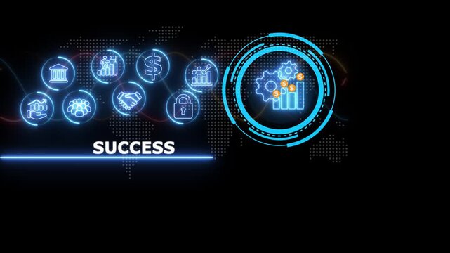 Digital success concept featuring glowing blue neon of banking and currency symbols against a dark background with a map pattern