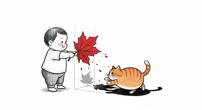 Curious toddler and cat with a falling maple leaf.