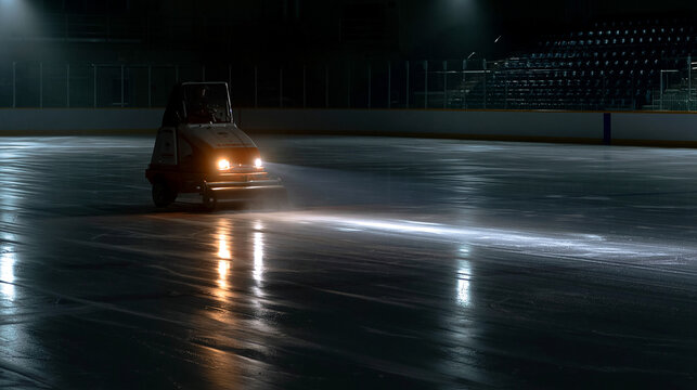 Ice Rink Resurfacing: Zamboni Gliding Under Night Lighting in Sports Arena for Perfect Smooth Ice Surface Maintenance