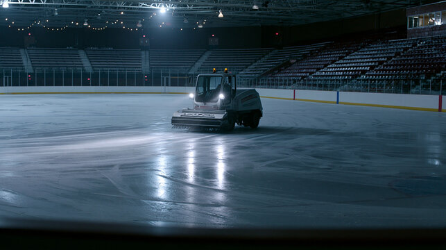 Ice Resurfacer Maintains Smooth Ice Surface in Empty Ice Rink - Professional Zamboni Venue Lighting & Winter Sports Arena Maintenance