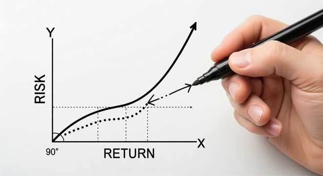 Financial risk and return graph, hand drawing growth arrow on white background, business investment strategy and data analysis concept