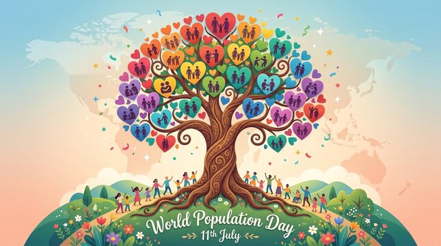 World population day awareness concept with colorful heart tree representing global unity diversity and human connection for banner poster background and social campaign design.