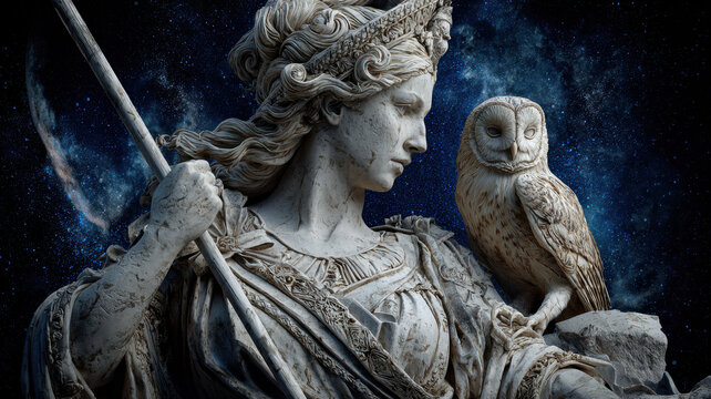 Greek mythology god Athena. Fantasy. A detailed sculpture of a female figure, likely a goddess or mythological figure, set against a cosmic backdrop.