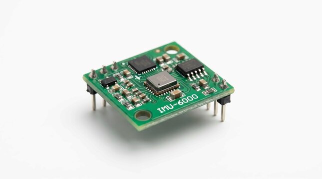 Small green printed circuit board featuring an integrated inertial measurement unit sensor module for advanced electronic robotics research and development