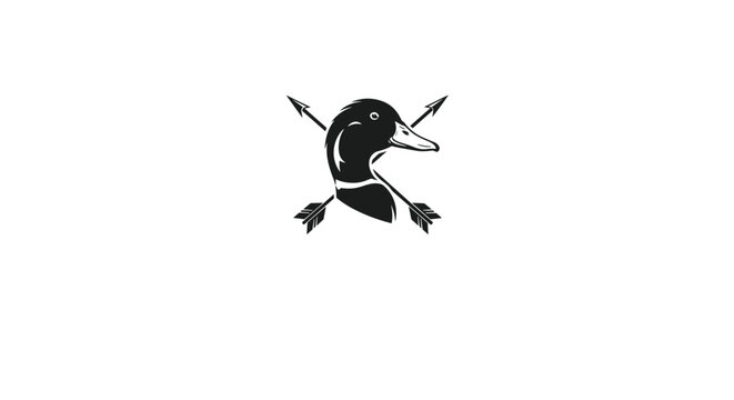 Stylized black and white logo featuring a duck head profile with two crossed arrows behind it in a traditional hunting emblem style.