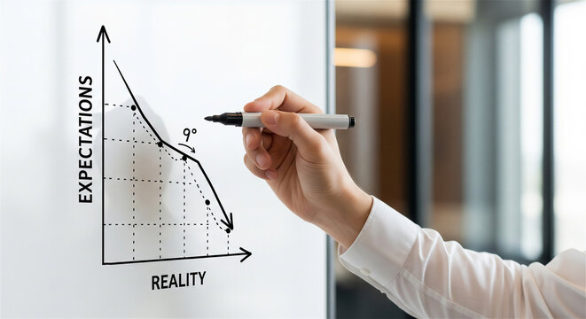 Business performance chart showing expectations vs reality, hand drawing declining line graph on whiteboard, financial failure and loss concept