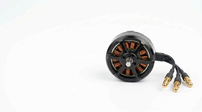 Black brushless electric motor for drones with copper winding and gold connectors isolated on a clean white studio background surface