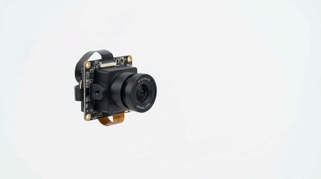 Black miniature 4k ultra hd digital camera module with circuit board components isolated on a clean bright white studio background