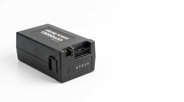 Black lithium polymer drone battery pack with high capacity features a power button and indicator lights on white studio background