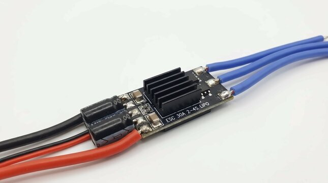 Electronic speed controller with black heatsink and red blue and black power wires isolated on a clean white studio background