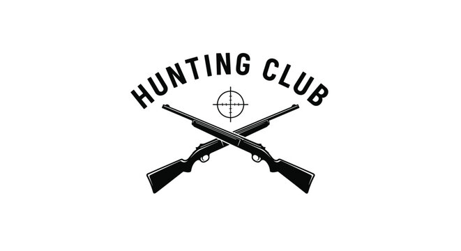 Hunting club emblem featuring two crossed rifles and a target crosshair symbol in a vintage black and white minimalist design.
