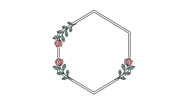 Hexagonal minimalist frame decorated with delicate pink flowers and green leaves on a white background for wedding invitations.