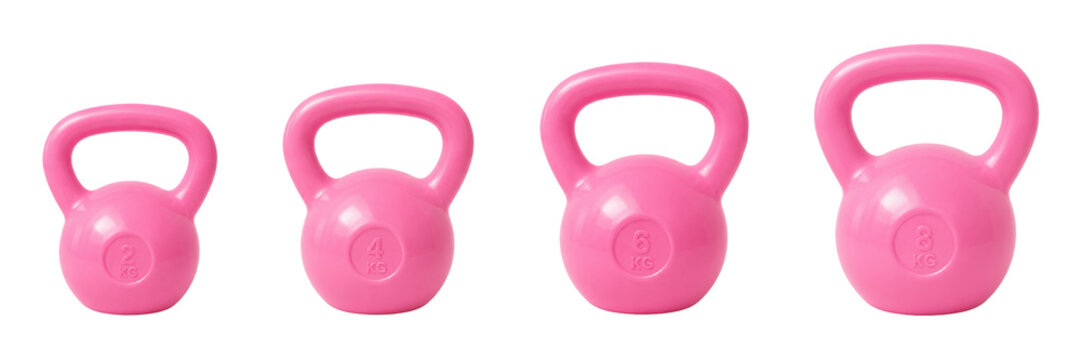 Pink kettlebell weight set isolated on a light gray background, featuring 2 kg, 4 kg, 6 kg, and 8 kg fitness weights arranged in ascending order. Ideal for strength training, home workouts, resistance