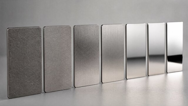 Metal surfaces from rough to mirror polish, reflecting soft light gradient.