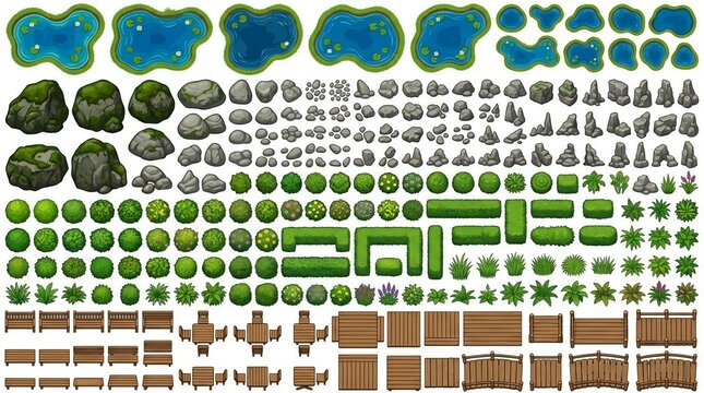 Garden park design illustration set with ponds rocks shrubs hedges benches tables fences and outdoor decor