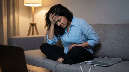 Fototapeta premium Stressed woman working on a laptop at home, sitting on the floor and holding her head in pain, suffering from a migraine.
