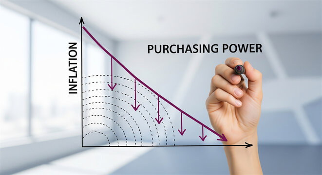 Inflation and purchasing power economic graph, hand drawing declining financial chart, global economy and cost of living concept