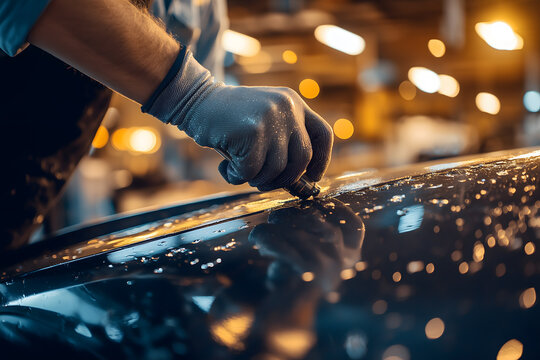 Gloved Hand Applying Dent Repair Tool on Wet Black Car Body Panel, Golden Bokeh Workshop, Cinematic Macro Detail