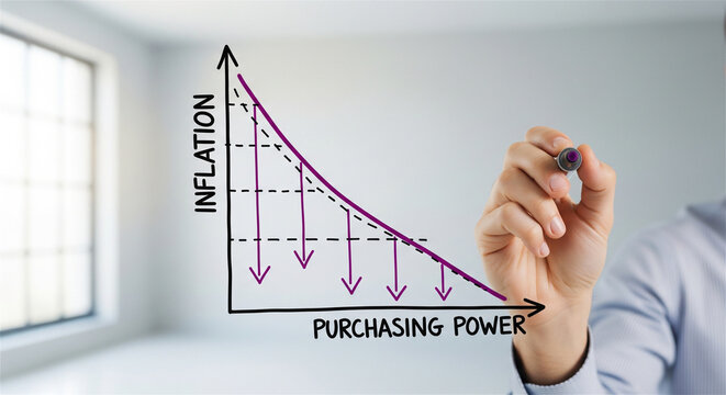 Inflation and purchasing power economic graph, businessman drawing financial chart with decreasing curve, money value loss concept