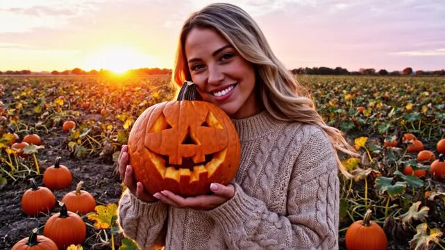Young woman holding a carved pumpkin jack o lantern in a field at sunset
